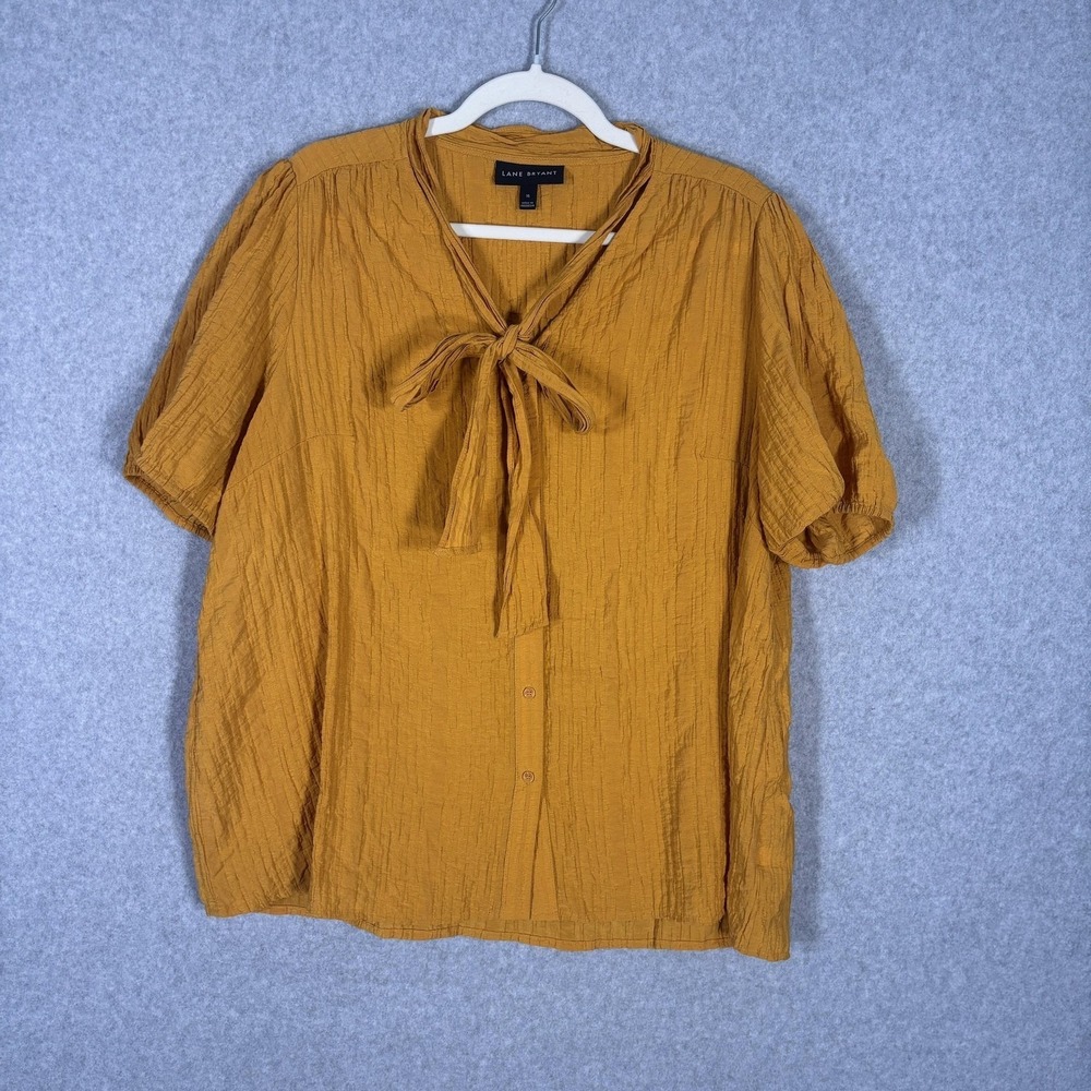 Lane Bryant Crinkle Blouse 16 Mustard Textured Tie Neck Bow Puff Career Church